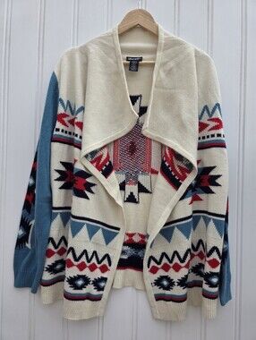 Wrangler Retro Southwestern Knit Aztec Open Front Cream Cardigan Medium